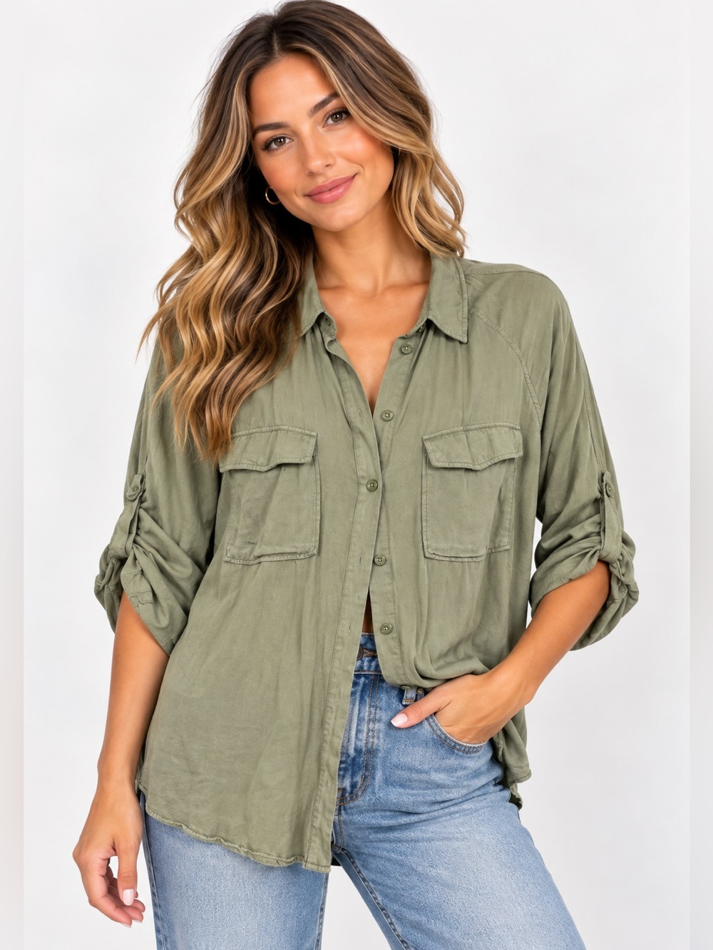 H&M Olive Green Utility Button Up Shirt Size Large